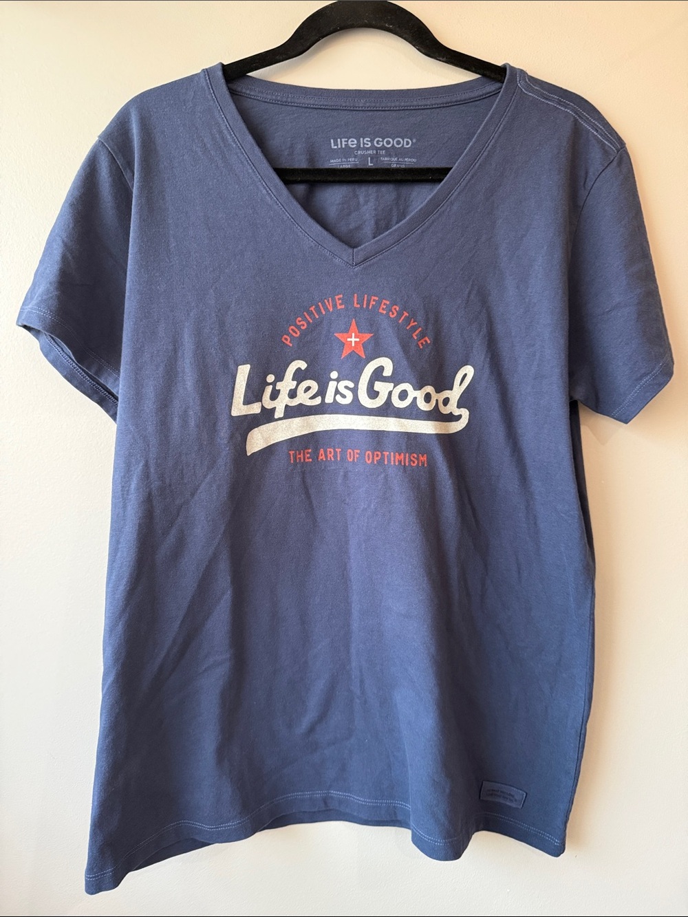 Life Is Good Crusher Blue V-Neck Tee with Positive Optimism Graphic Large